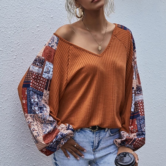 brown  v neck wide sleep waffle long sleeve top - Picture 2 of 16